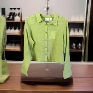 NWT Cynthia Rowley Linen Lime Green Button Up Shirt Cropped Top Size Large